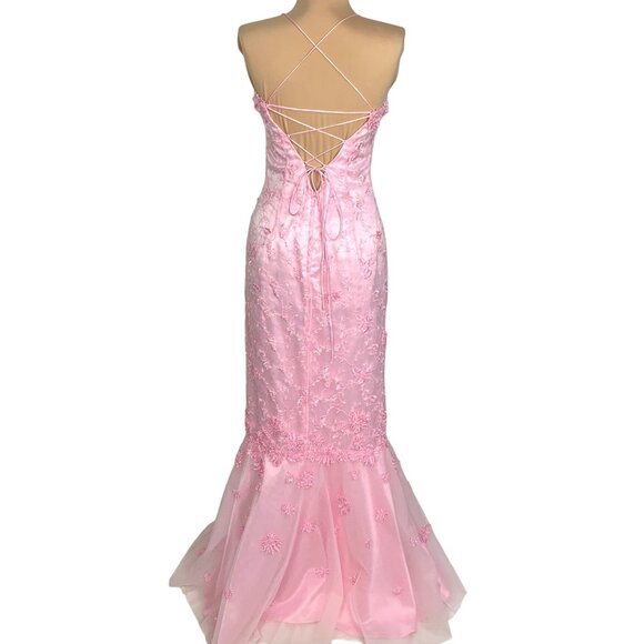 Beyond Jovani Pink Embroidered Evening Gown 4 Lace-Up Corset Back Mermaid Prom - Picture 6 of 10